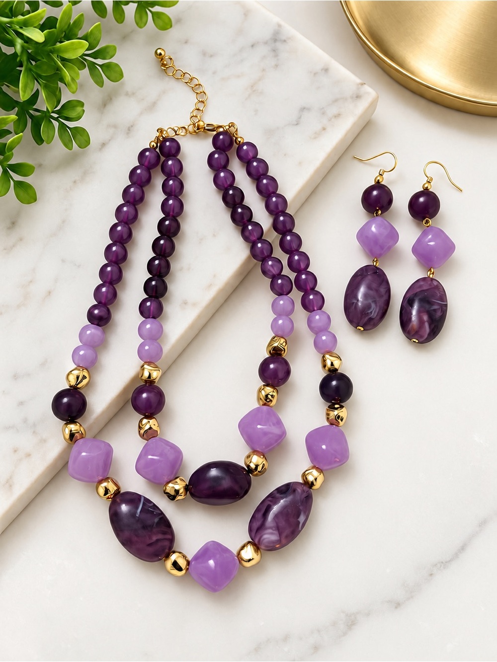 Purple Beaded Statement Necklace & Earring Set - Gold Accent